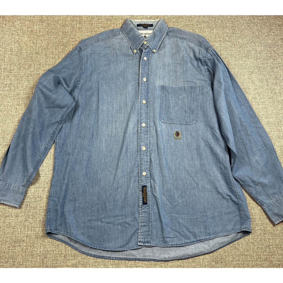 Vintage 90s Tommy Hilfiger Chambray Shirt Mens 16-35 L Hong Kong Crest