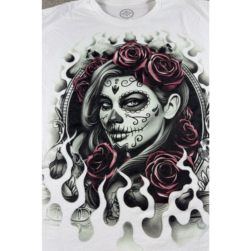 Sugar Skull Woman Roses Graphic T Shirt Men XL White Day of the Dead Gothic
