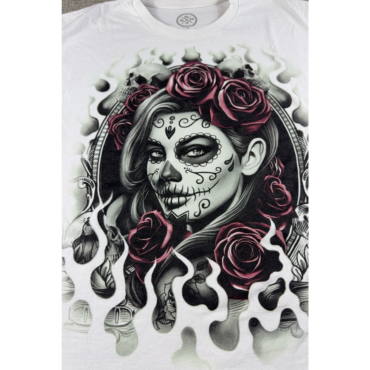 Sugar Skull Woman Roses Graphic T Shirt Men XL White Day of the Dead Gothic