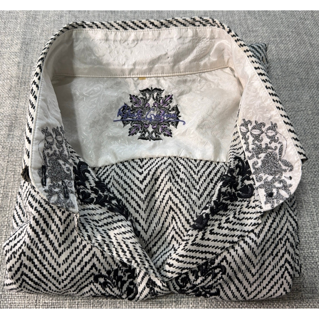 Robert Graham Women's S Black White Herringbone Embroidered Shirt Silk Trim