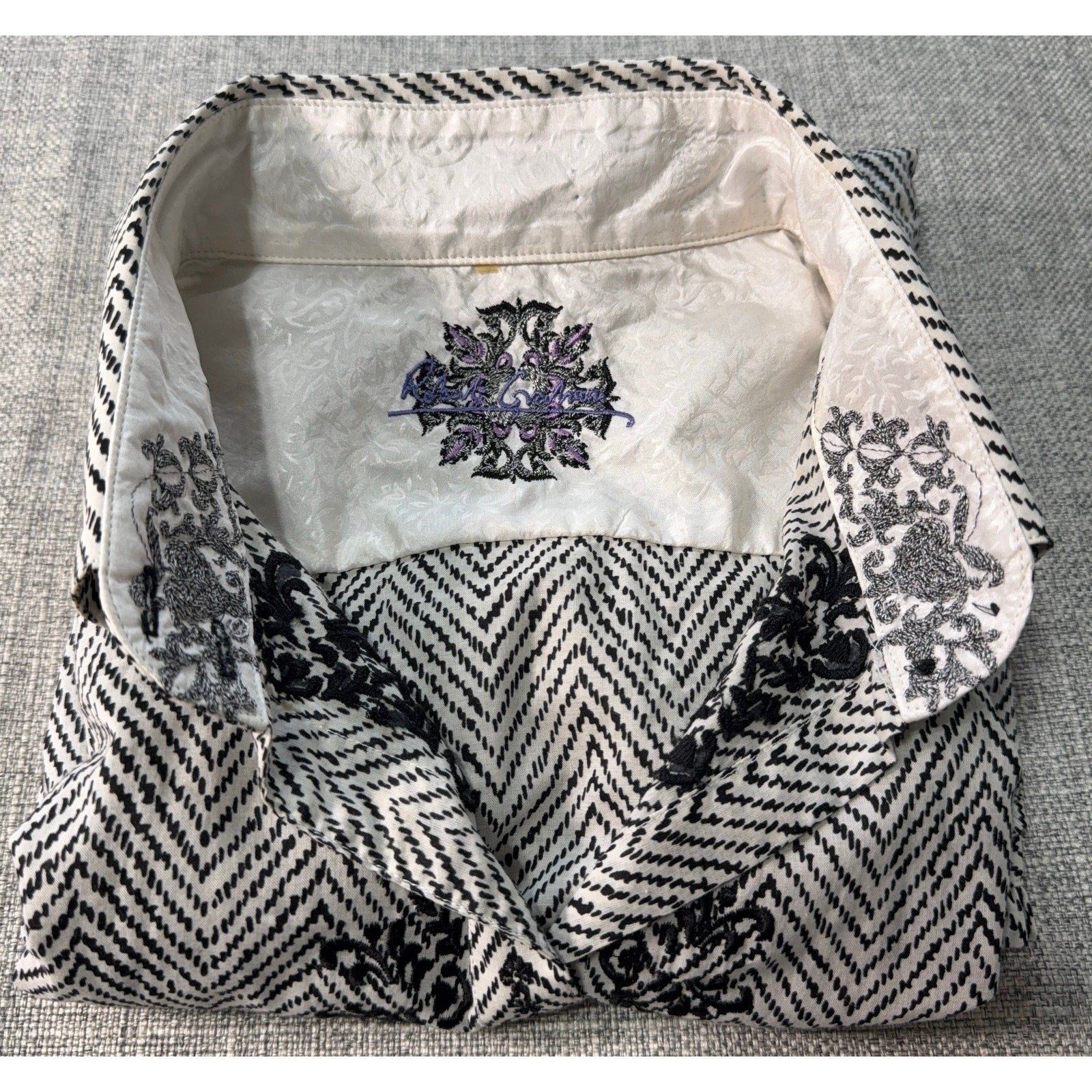 Robert Graham Women's S Black White Herringbone Embroidered Shirt Silk Trim