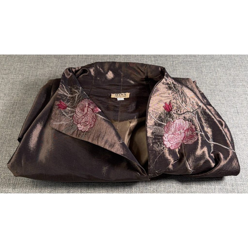 Mina Collections Womens L Embroidered Satin Jacket Floral Frog Closure Asian