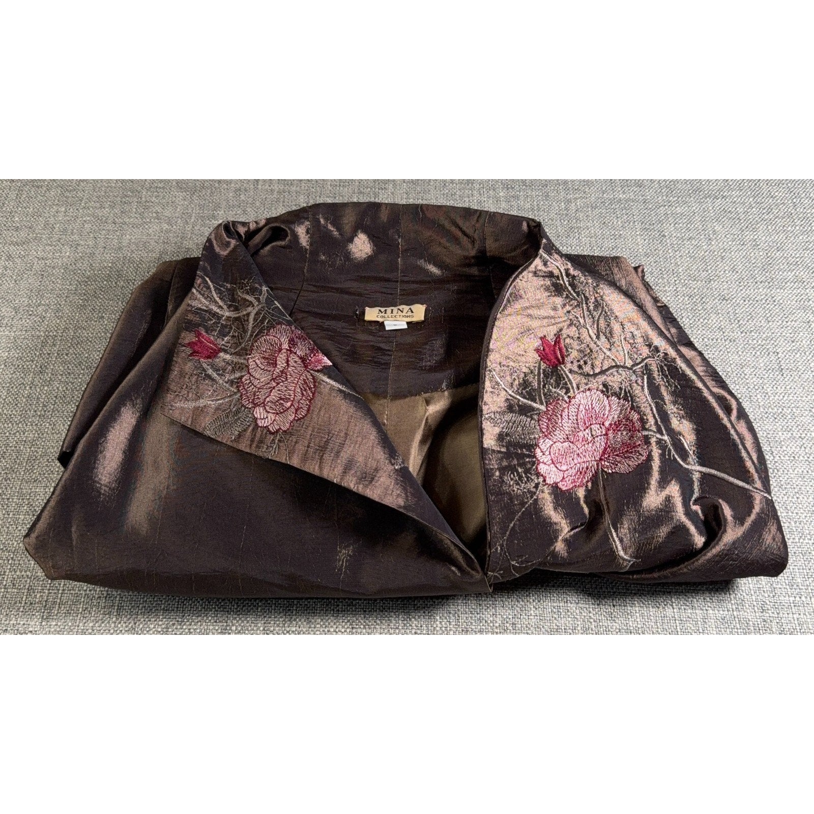 Mina Collections Womens L Embroidered Satin Jacket Floral Frog Closure Asian
