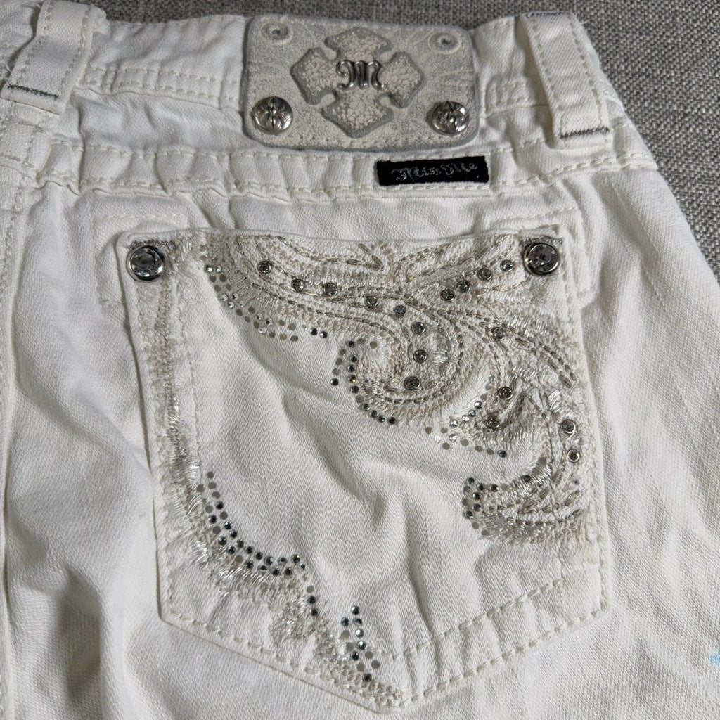 Miss Me Jeans Womens 30 White Cropped Skinny Rhinestone Embellished Flawed