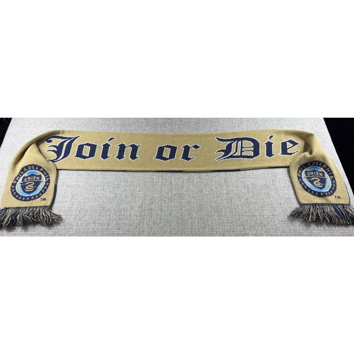 Philadelphia Union Join or Die Scarf Ruffneck MLS Soccer Navy Gold Fringe