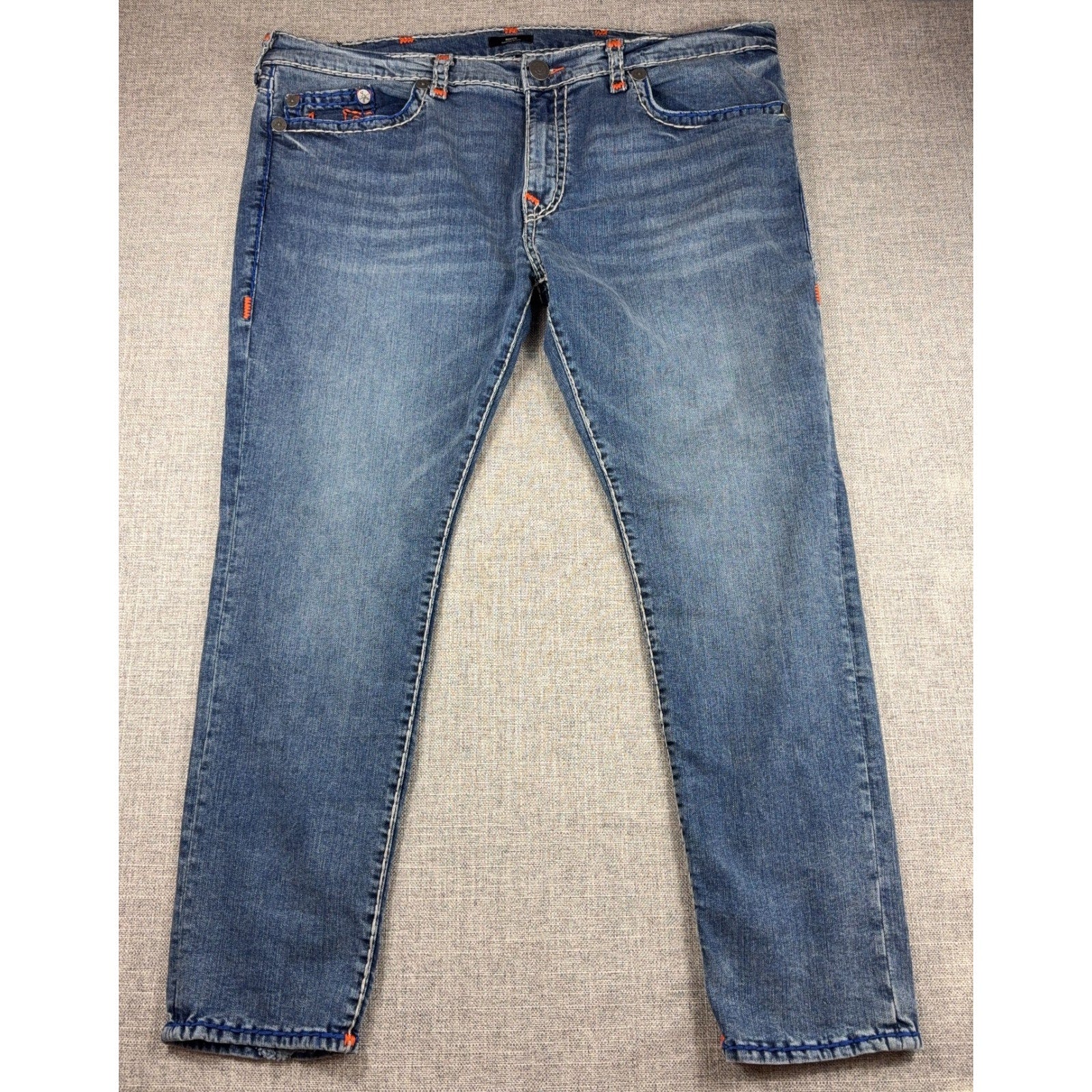 True Religion Rocco Relaxed Skinny Jeans Mens 44 Blue Orange Contrast Stitch