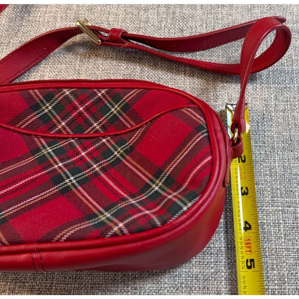 Talbots Red Tartan Plaid Camera Crossbody Bag Leather Trim Gold Hardware