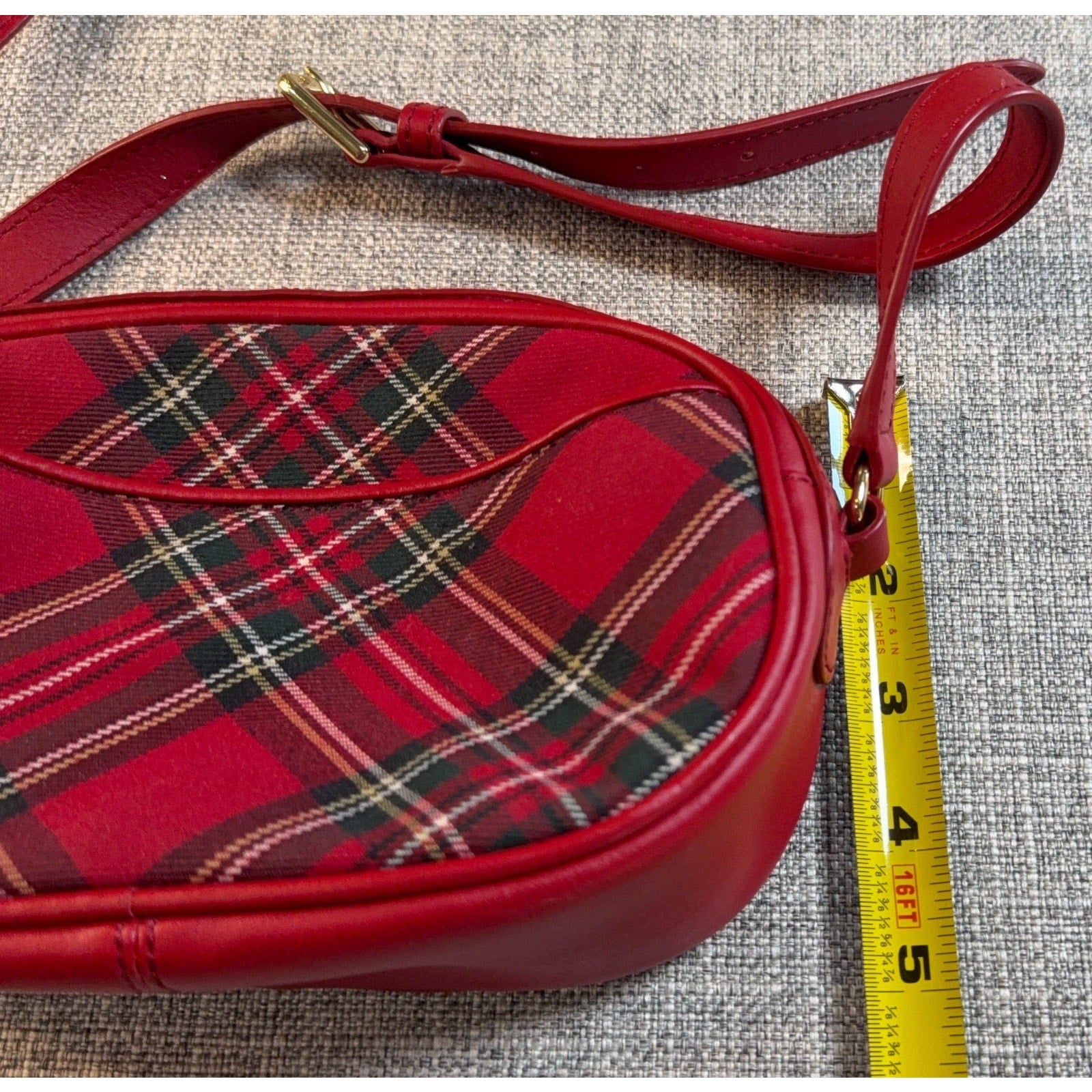 Talbots Red Tartan Plaid Camera Crossbody Bag Leather Trim Gold Hardware