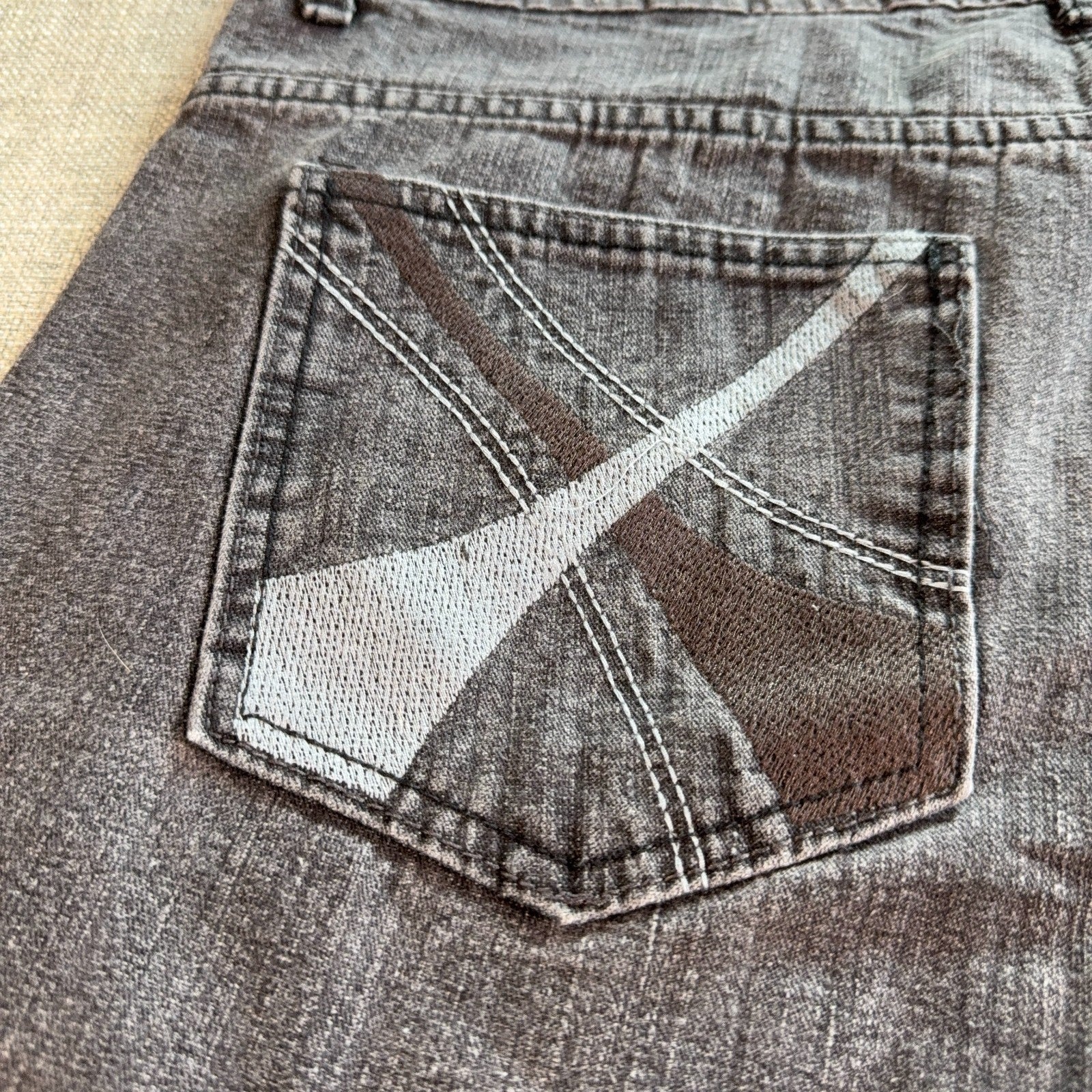 Chams Mens Jeans 36 Gray Black Y2K Embroidered Pocket Straight Leg Denim