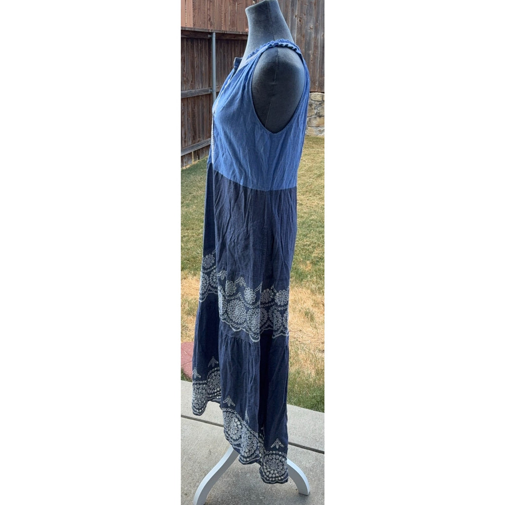 Ruby Yaya Blue Maxi Dress S Boho Embroidered Tiered Sleeveless Resort