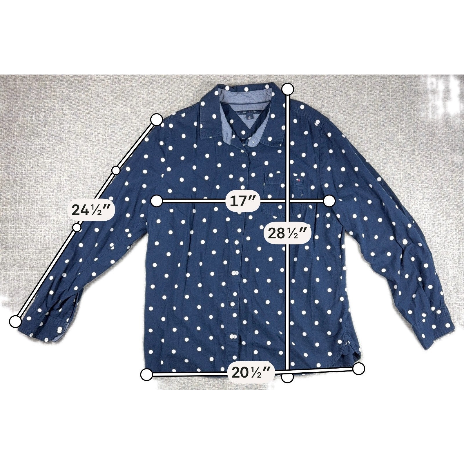 Tommy Hilfiger Womens XL Navy Polka Dot Button Up Shirt Long Sleeve Pocket