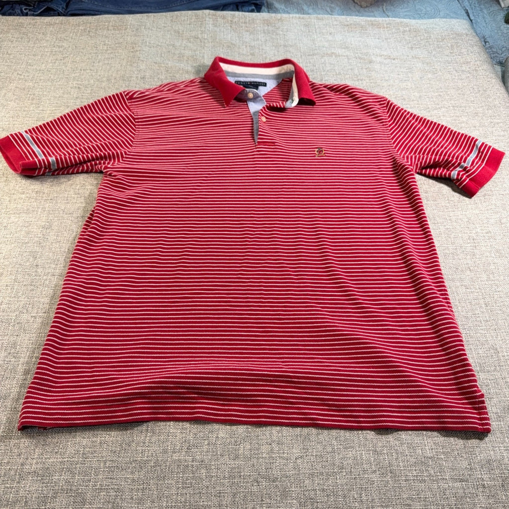 Vintage Y2K Tommy Hilfiger Polo Shirt Mens XL Red White Striped Crest Logo 2000