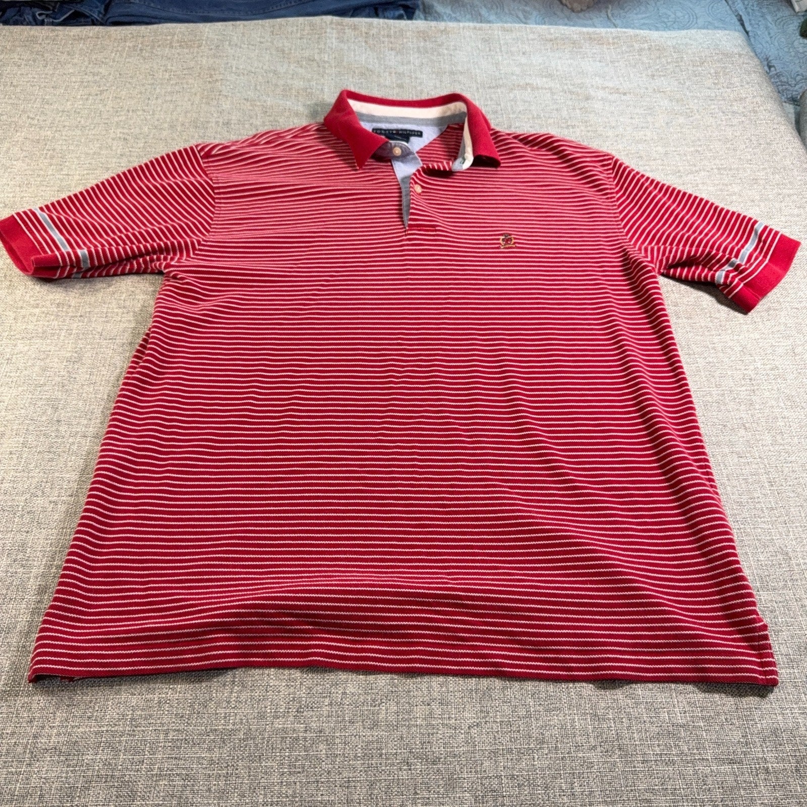Vintage Y2K Tommy Hilfiger Polo Shirt Mens XL Red White Striped Crest Logo 2000