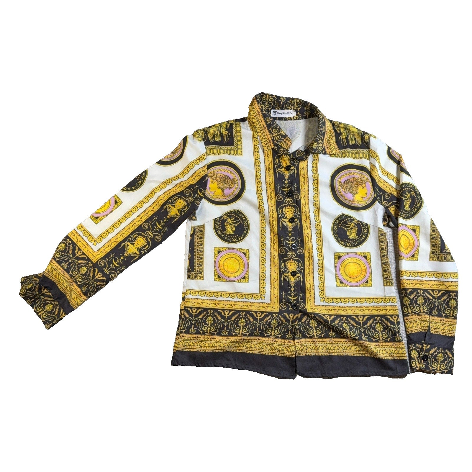Liang Dian Yi Zu Women’s Baroque Scarf Print Button-Up Blouse Size Large