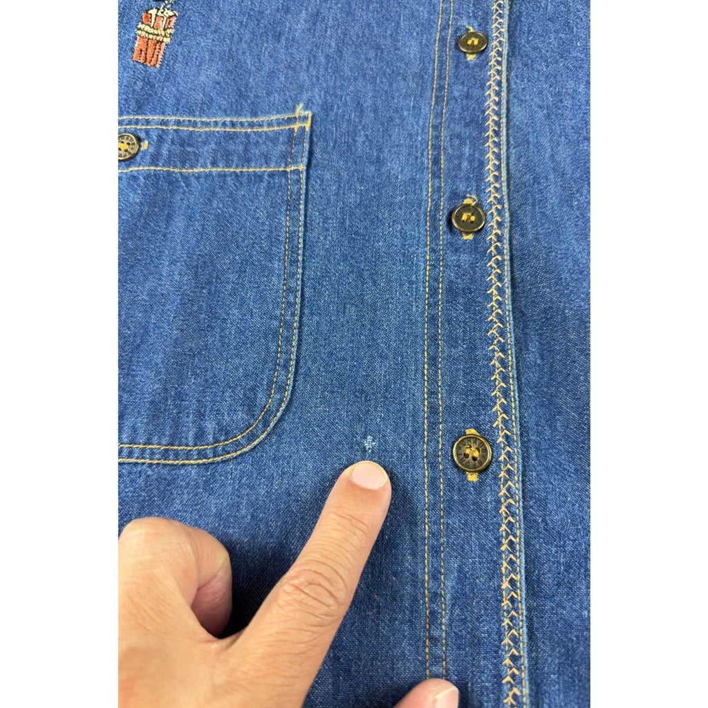 Vintage 90s Claus Sport Womens L Chambray Shirt Embroidered Birds Korea