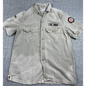 Zara Man Military Patch Shirt Mens S Distressed Khaki Relaxed Fit Utility
