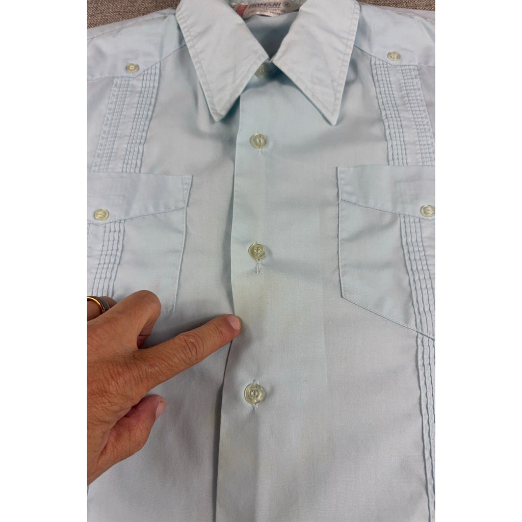 Vintage Romani Guayabera Shirt Mens M Blue 4 Pocket Cuban Wedding Rockabilly