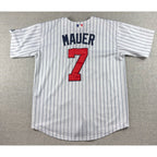 Joe Mauer Minnesota Twins Majestic Cool Base Jersey Mens L MLB Pinstripe #7