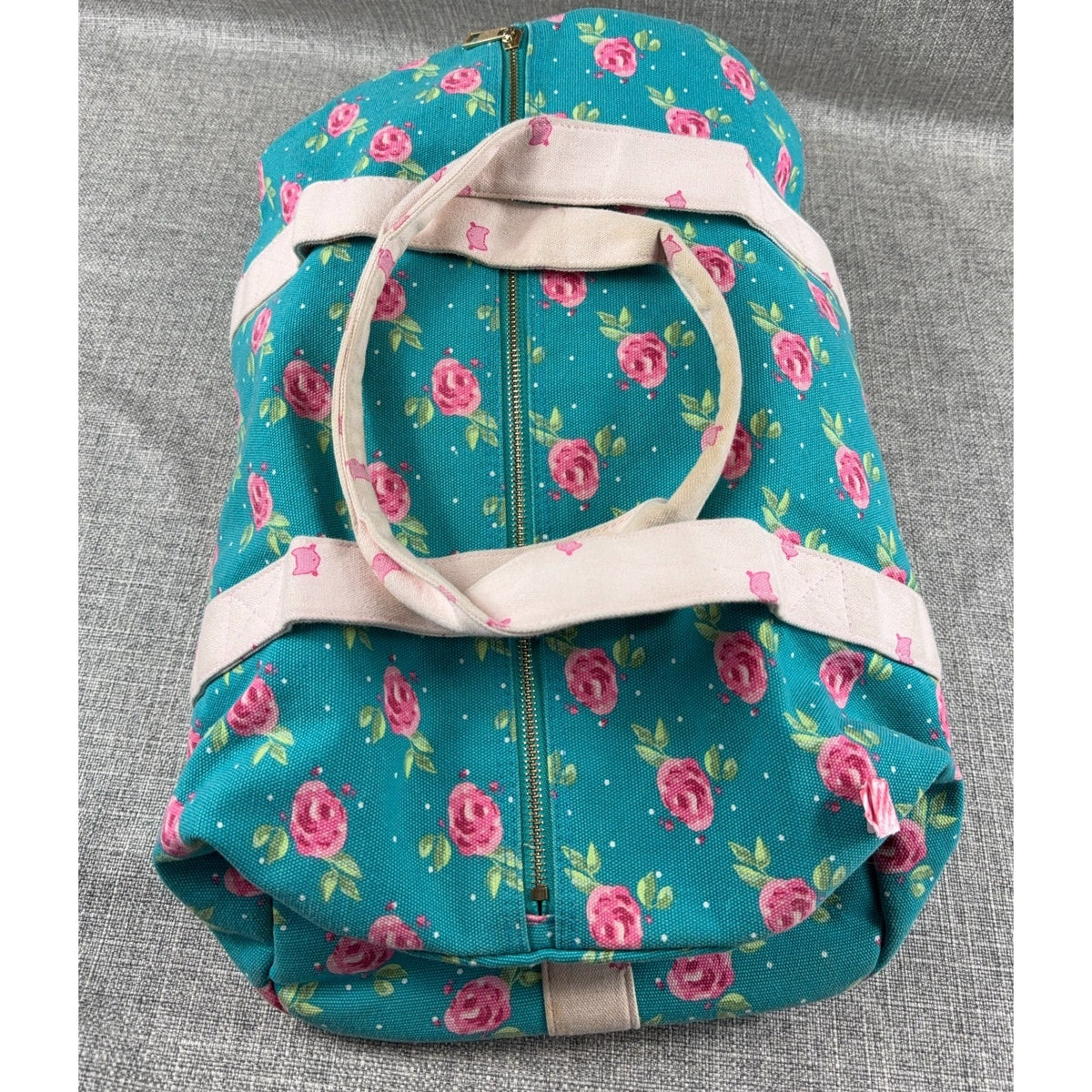 Whim + Wander Floral Canvas Duffel Bag Teal Pink Rose Weekender Shoulder Strap