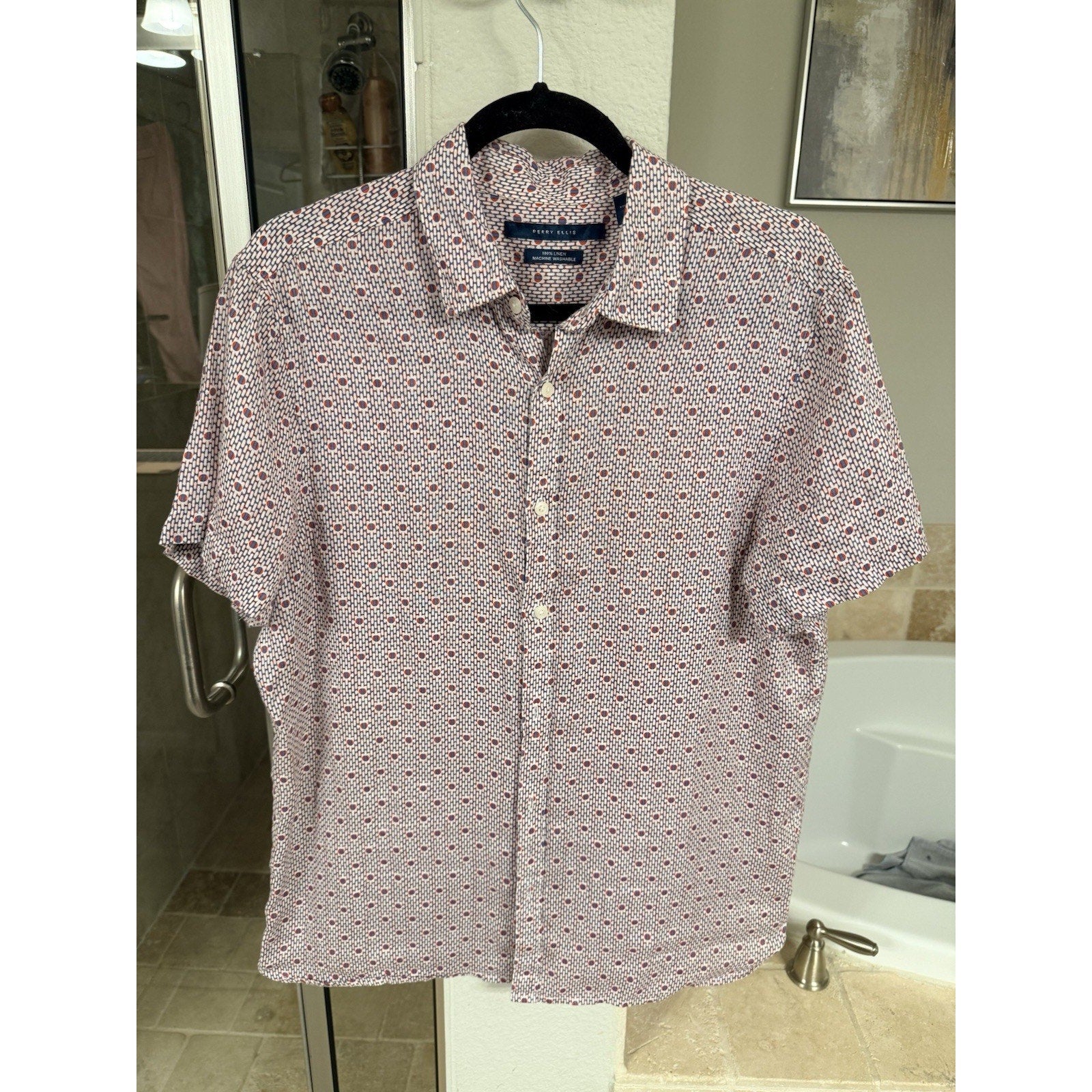 Perry Ellis Men’s 100% Linen Button Front M Geometric Print Short Sleeve Summer