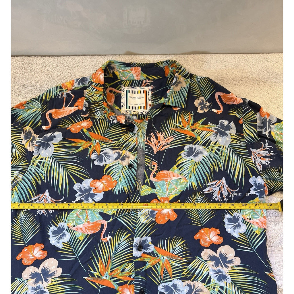 Denim And Flower Ricky Singh Tropical Flamingo Hawaiian Camp Shirt Men’s L