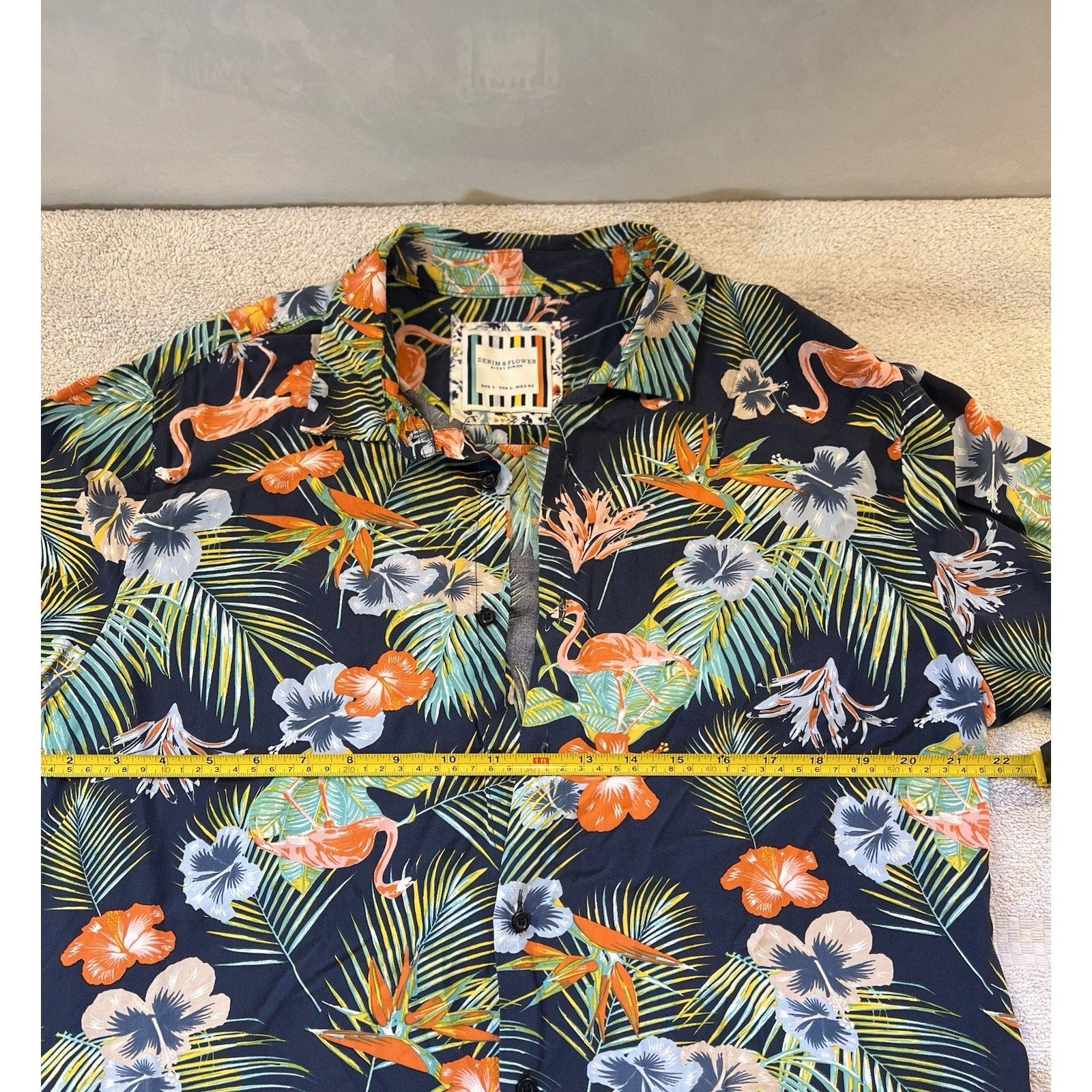 Denim And Flower Ricky Singh Tropical Flamingo Hawaiian Camp Shirt Men’s L