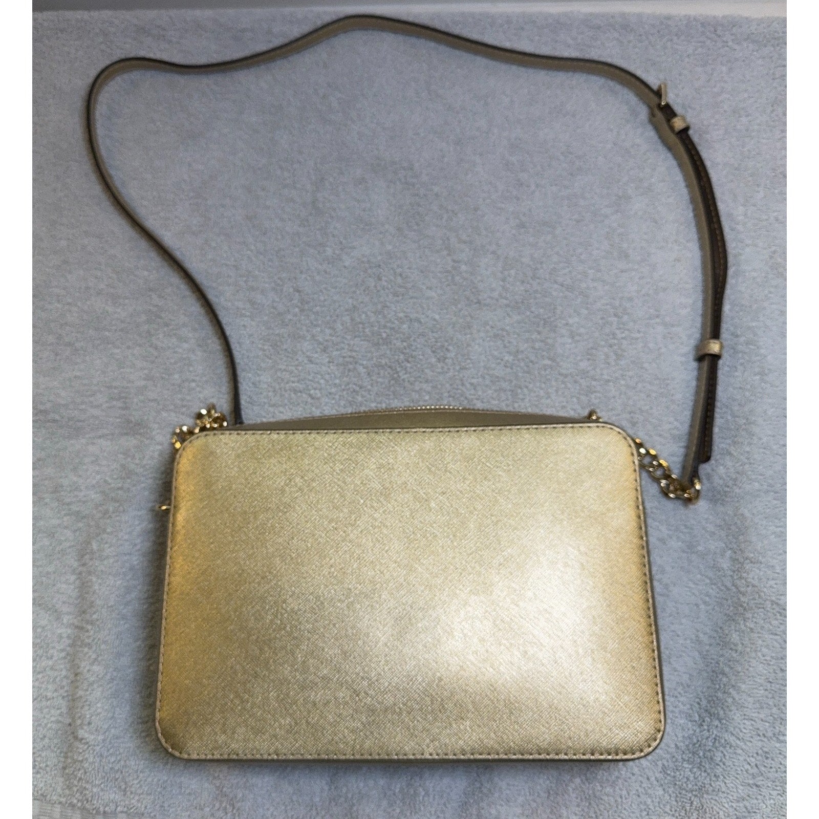 Michael Kors Gold Saffiano Leather Crossbody Bag Chain Strap Zip Top Purse MK