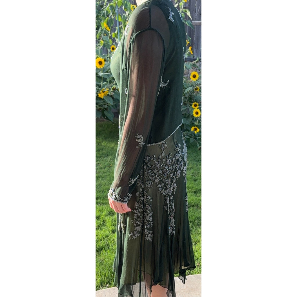 Scala 100% Silk Beaded Dress Jacket Set Womens L Green Formal Evening