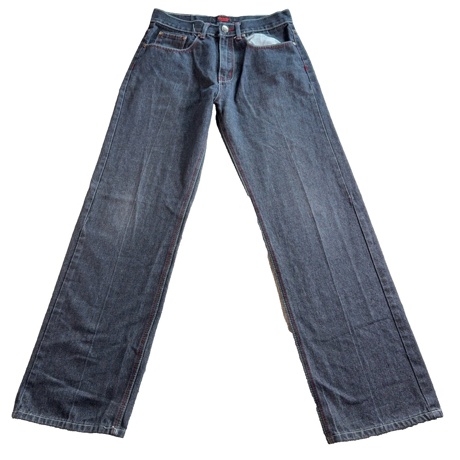 Chams Denim Jeans Mens 32x31 Gray Black Red Embroidered Pockets Y2K Straight