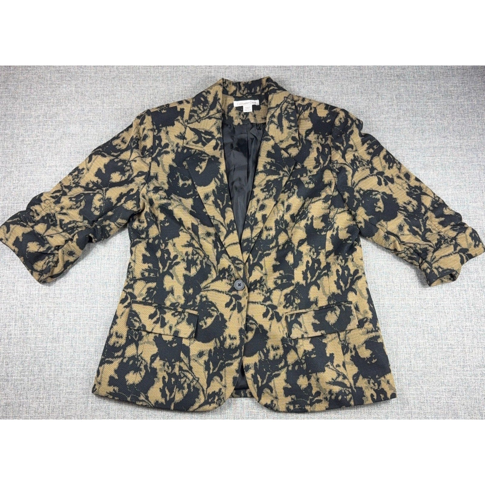 Coldwater Creek Womens PM 10-12 Floral Tapestry Blazer Jacket Black Tan 3/4 Slee