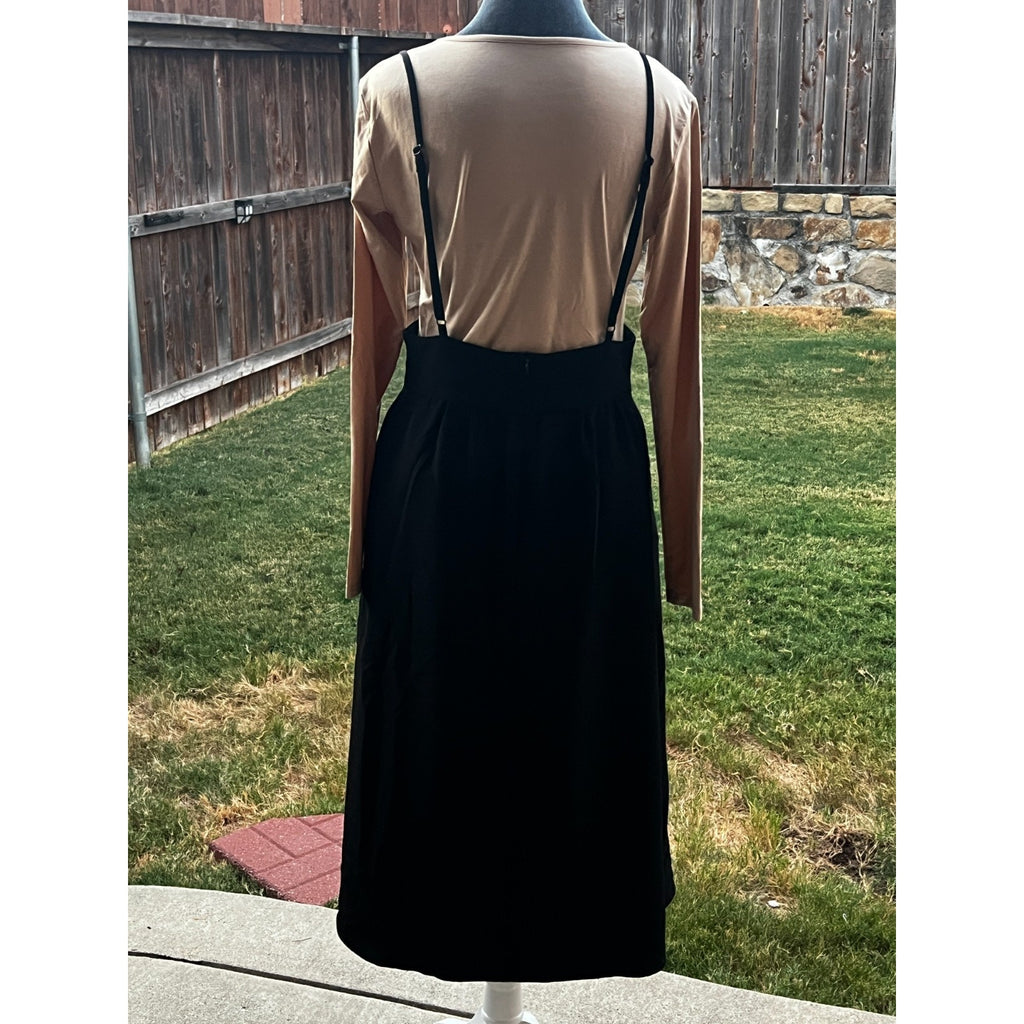 Black Suspender Midi Skirt Pinafore Dark Academia Minimalist A-Line