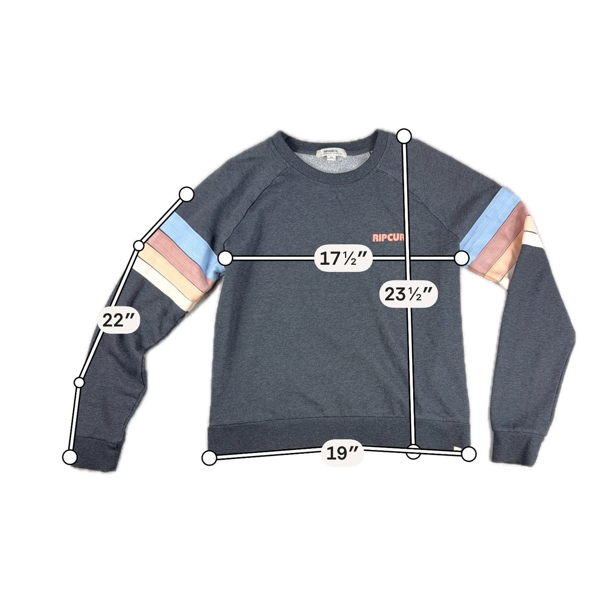 Rip Curl Womens XS Crewneck Sweatshirt Gray Retro Stripe Sleeve Surf Pullover