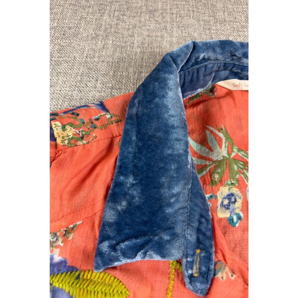 Soft Surroundings M Embroidered Floral Tunic Blouse Velvet Collar Boho Orange
