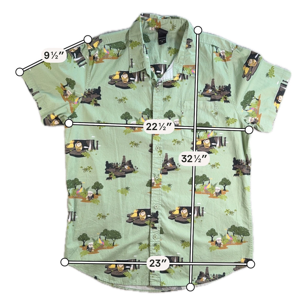Disney Pixar Up Hawaiian Camp Shirt Mens XL Green Carl Russell Dug Button Up