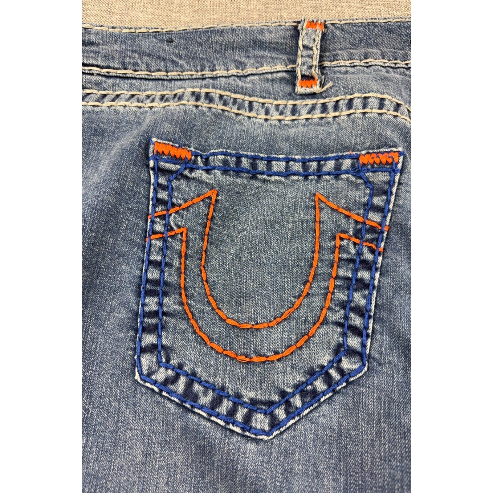 True Religion Rocco Relaxed Skinny Jeans Mens 44 Blue Orange Contrast Stitch
