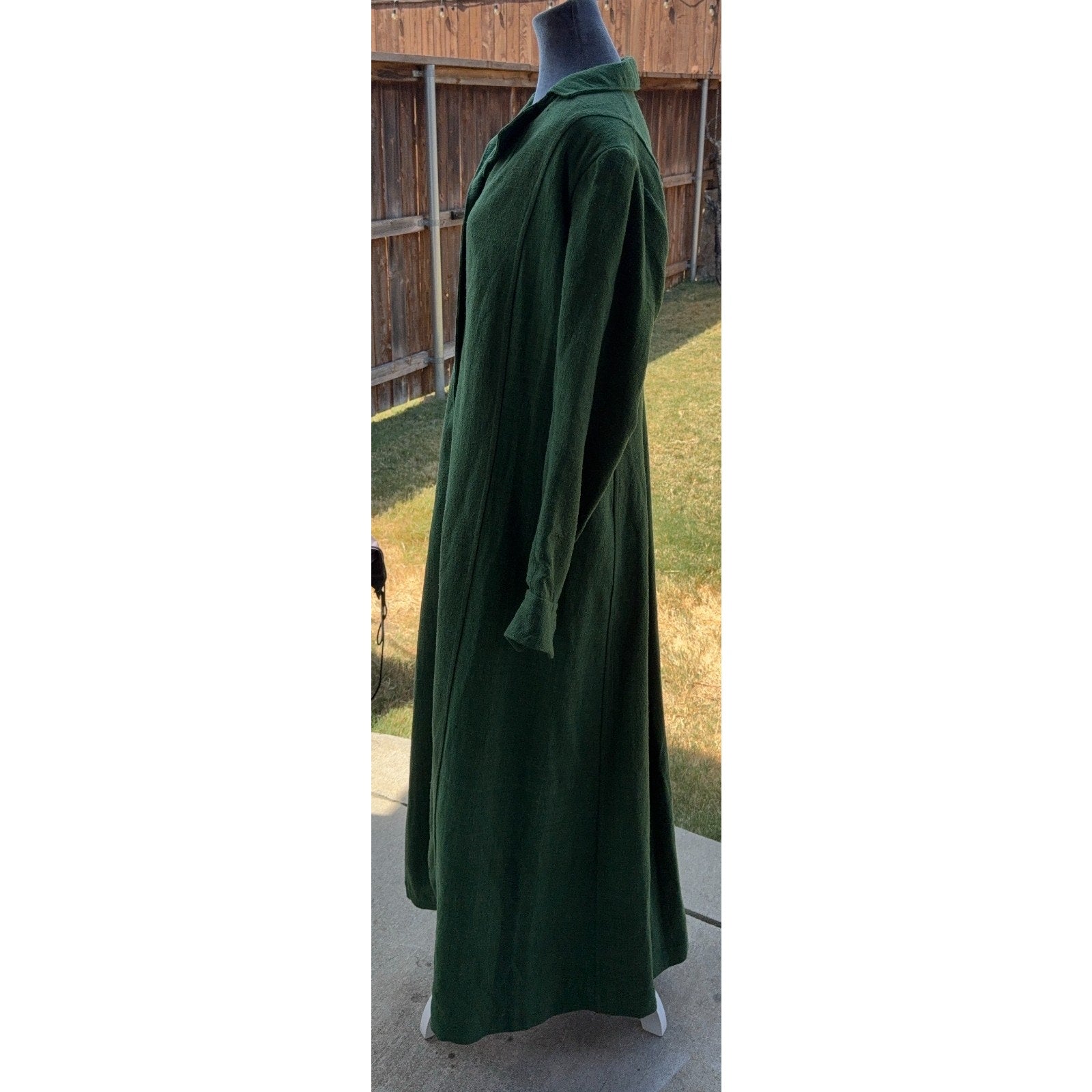 Handmade Green Maxi Coat Dress Womens Long Button Front Pleated Artisan Vintage