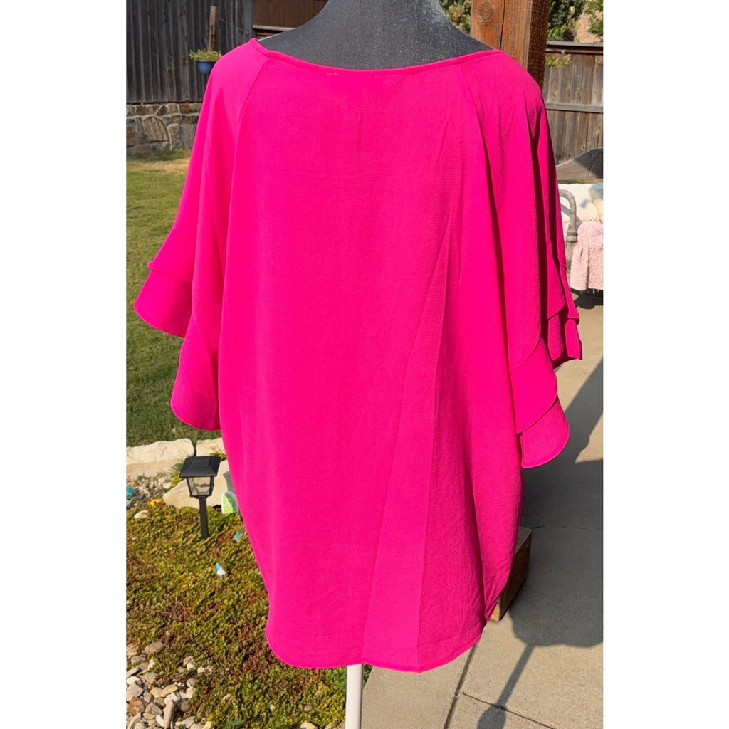 Umgee Women’s Large Hot Pink Blouse Layered Ruffle Bell Sleeve Boho Tunic Top
