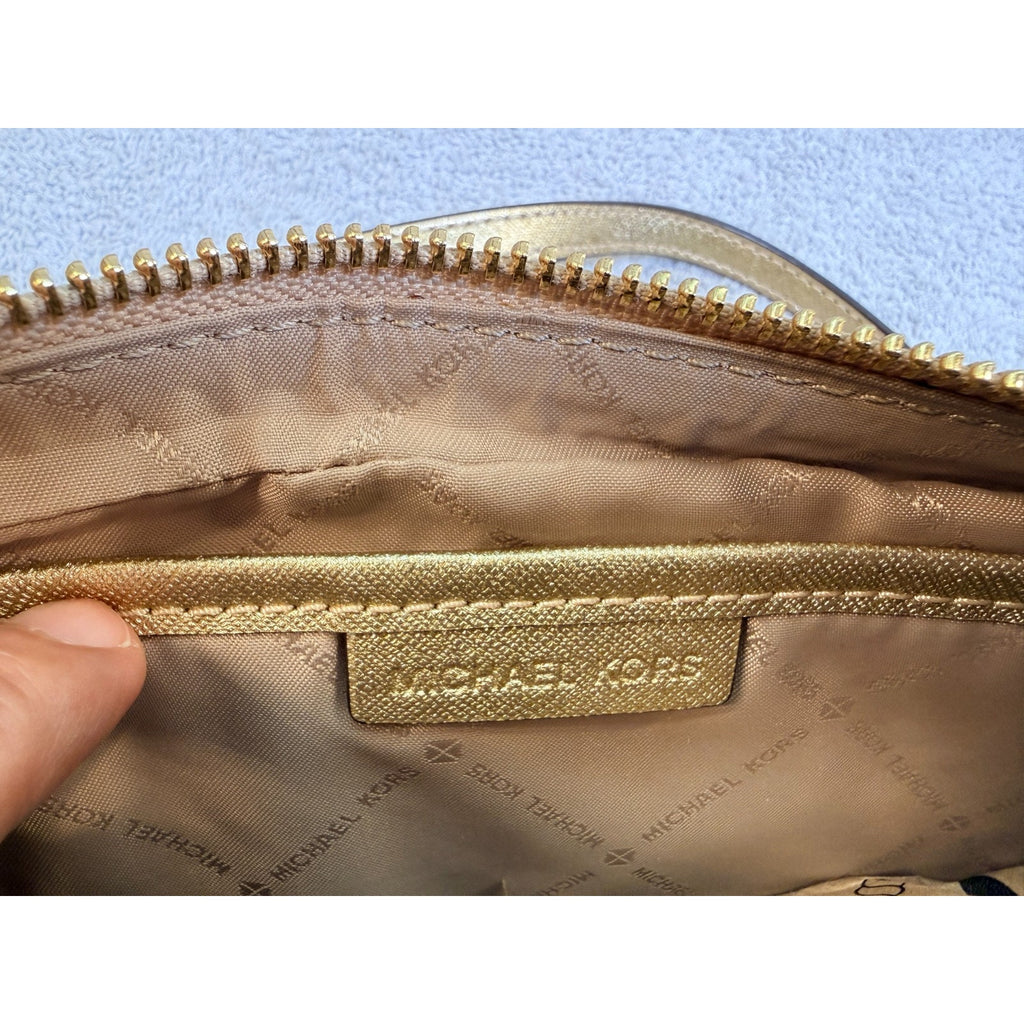 Michael Kors Gold Saffiano Leather Crossbody Bag Chain Strap Zip Top Purse MK