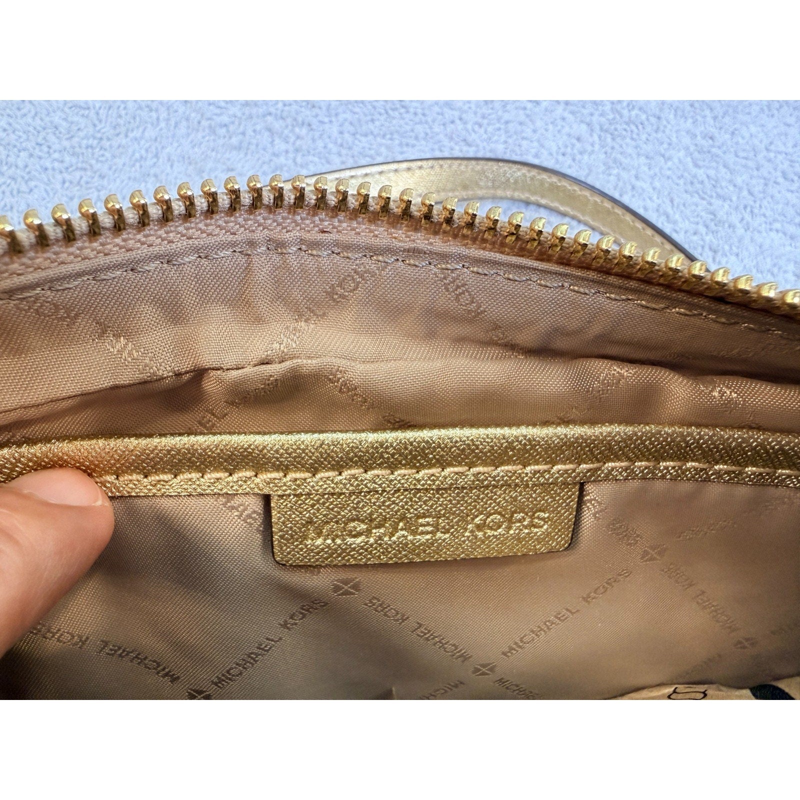 Michael Kors Gold Saffiano Leather Crossbody Bag Chain Strap Zip Top Purse MK