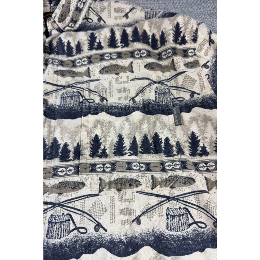 Woolrich Mens XL Fishing Shirt Fish Rods Trees Outdoor Print Button Down