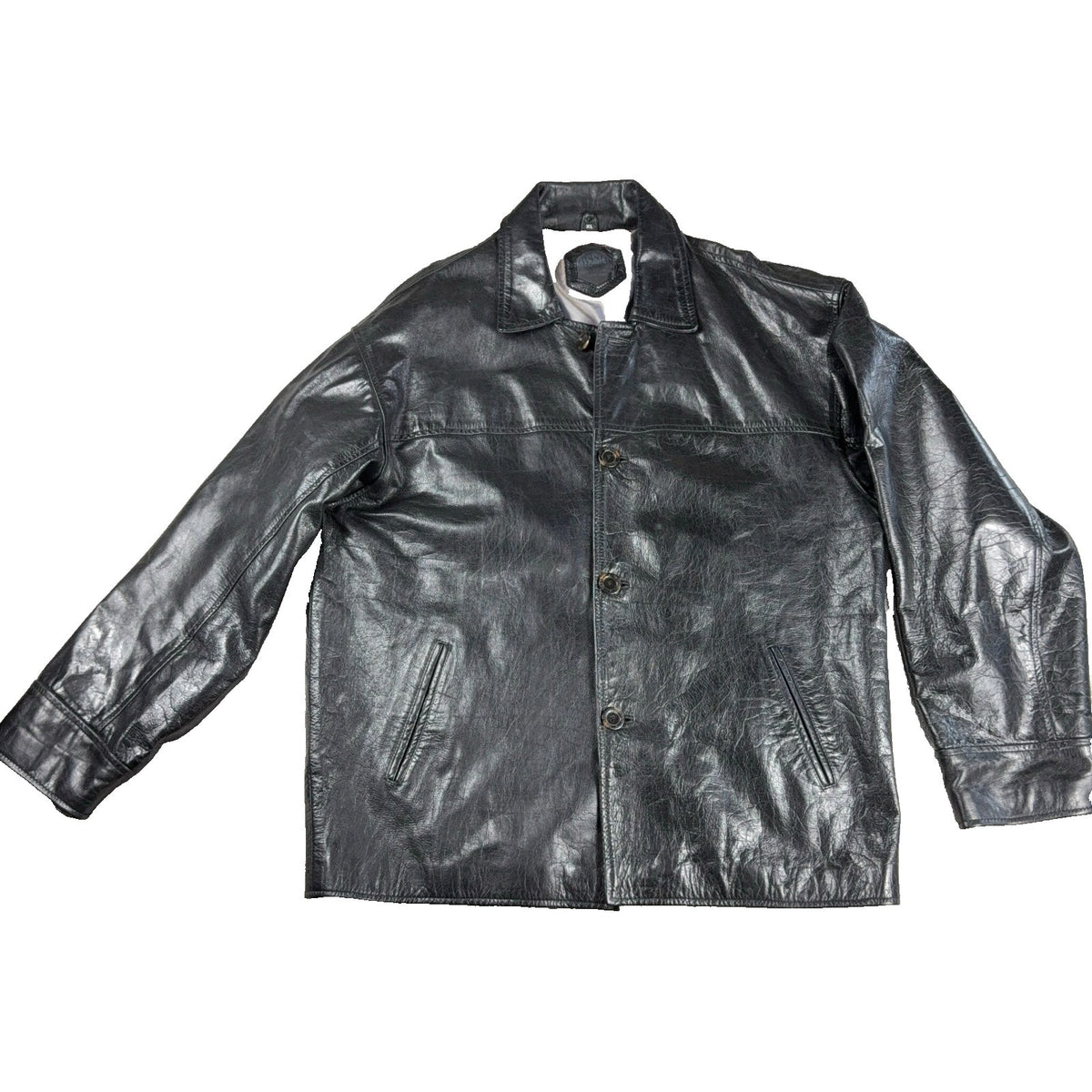 Transmission Leather Company Black Genuine Leather Jacket Mens XL Car Coat Y2K