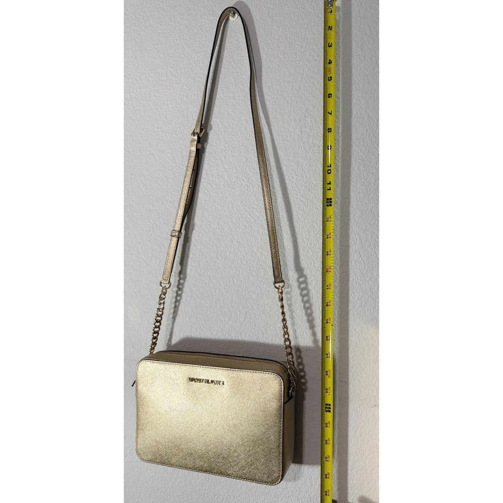 Michael Kors Gold Saffiano Leather Crossbody Bag Chain Strap Zip Top Purse MK