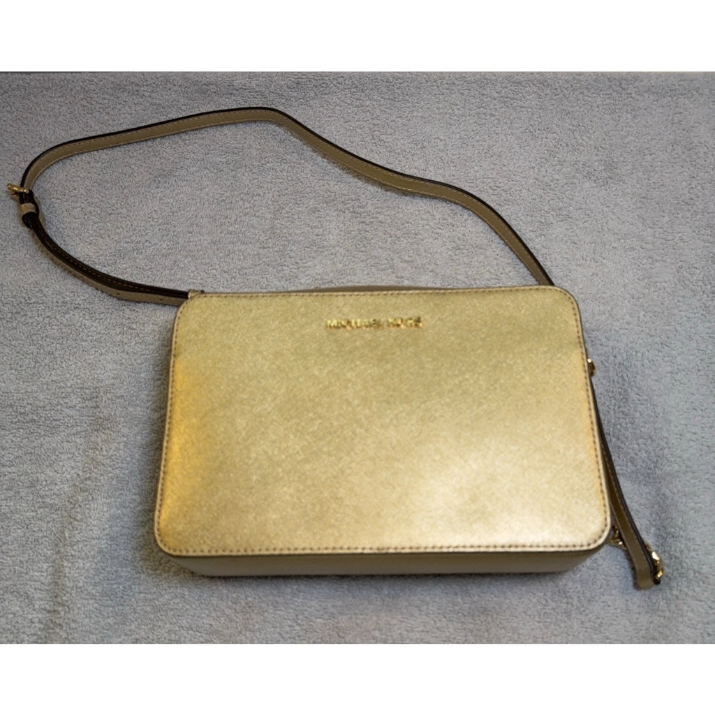 Michael Kors Gold Saffiano Leather Crossbody Bag Chain Strap Zip Top Purse MK