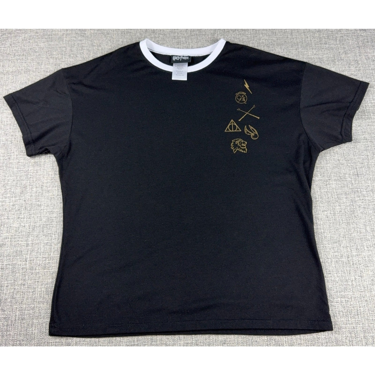 Harry Potter Platform 9¾ Black Gold Ringer Tee Gryffindor Quidditch Size L