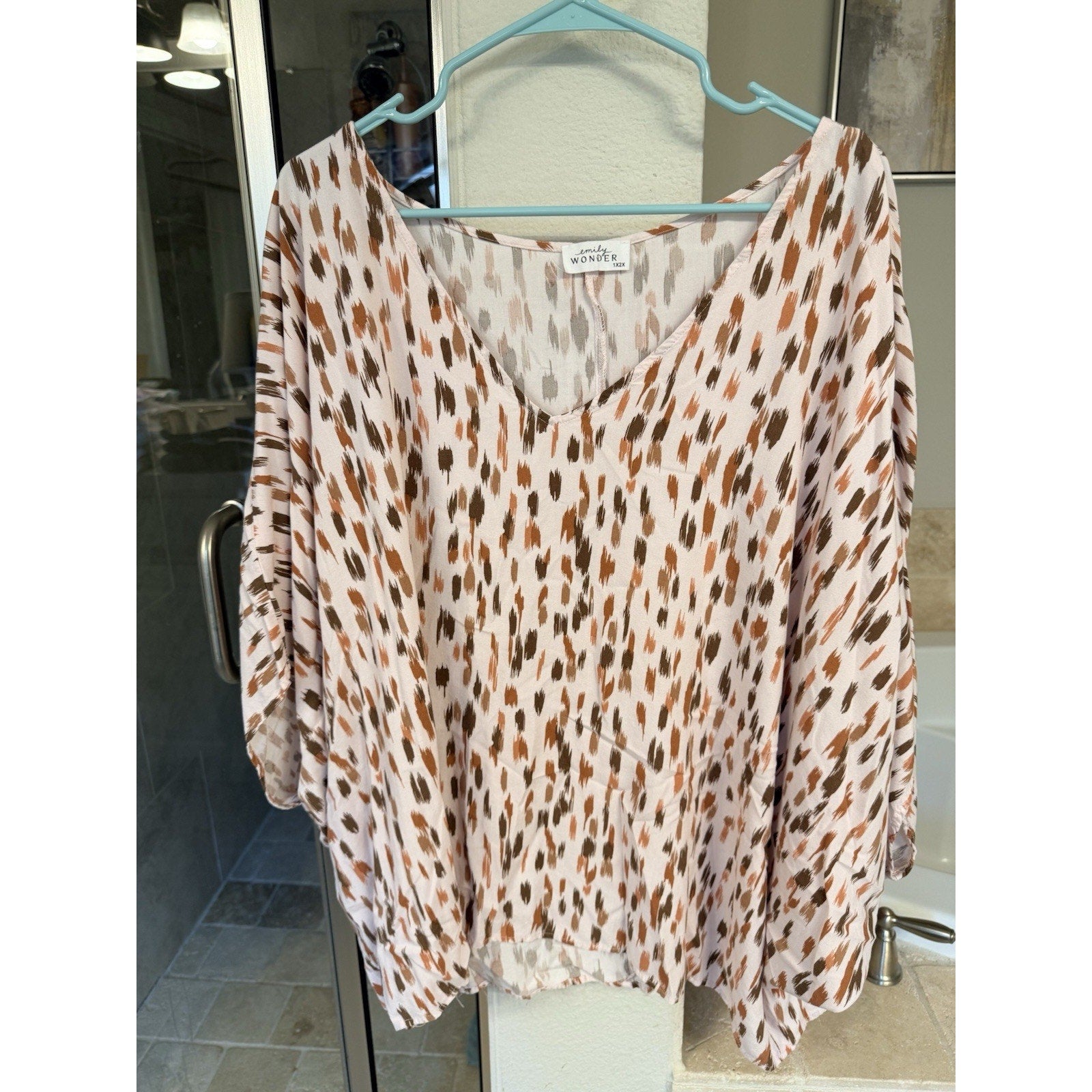 Emily Wonder Womens 1X 2X Boho Blouse Neutral Animal Print Flowy Rayon Top Plus