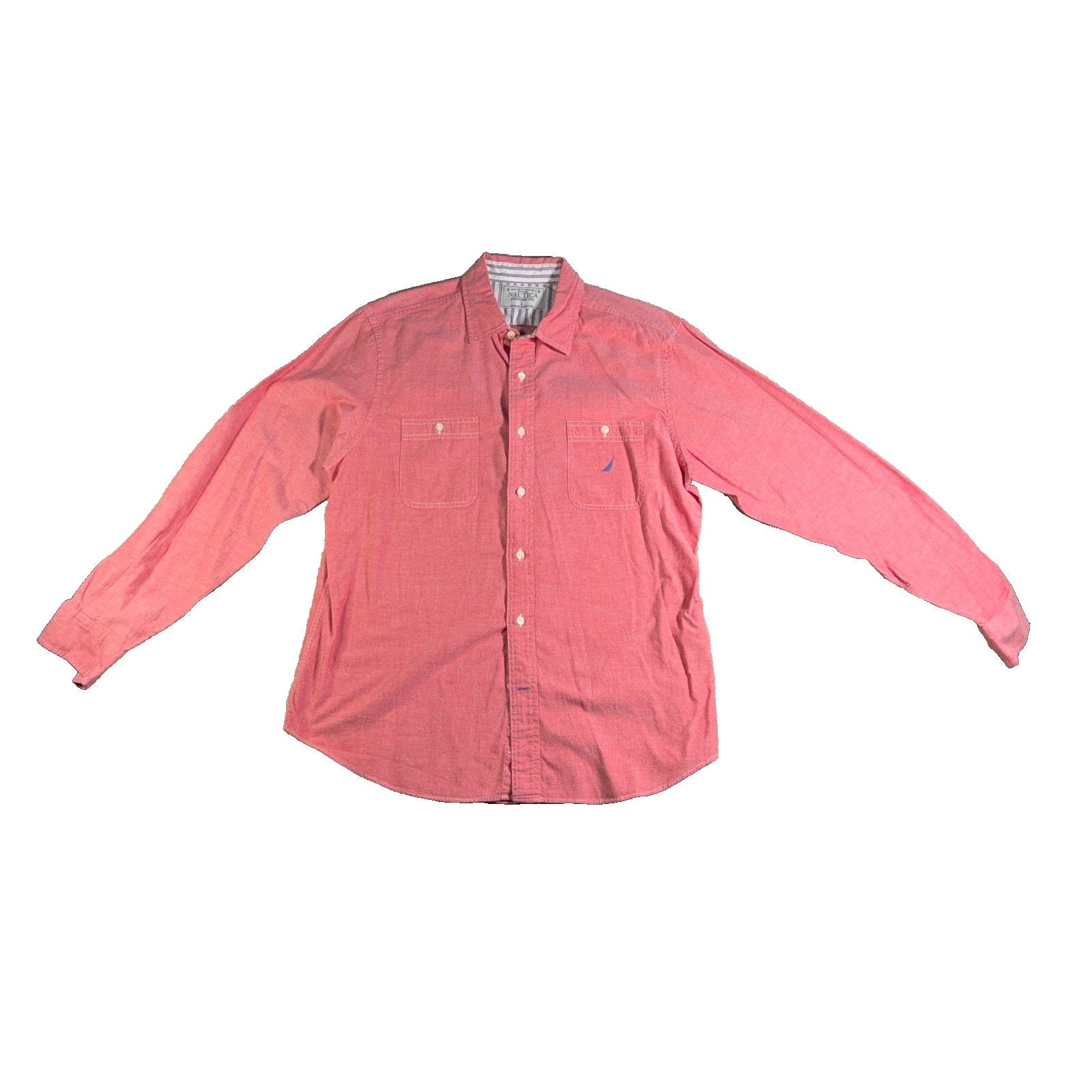 Nautica Sea Voyage Shirt Mens L Coral Red Long Sleeve Button Up Pockets