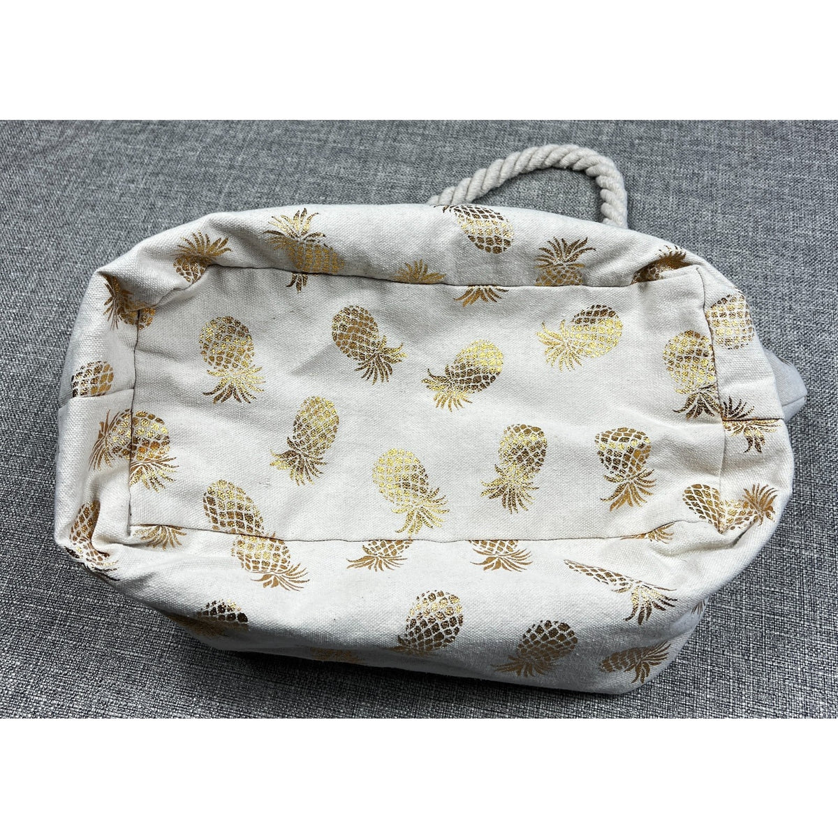 Large Gold Pineapple Canvas Beach Tote Bag Rope Handles Zip Top Cream