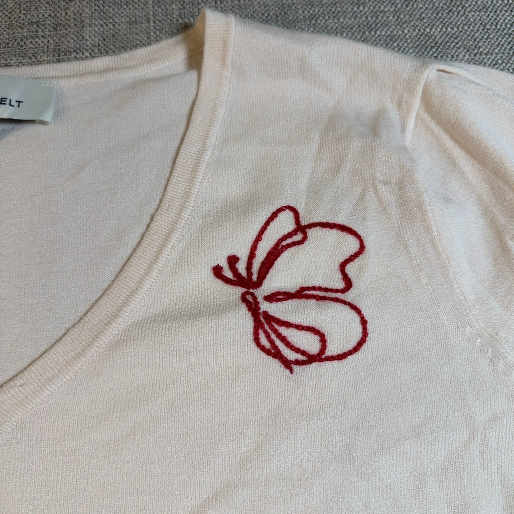 Laurie Felt Sweater Women L Ivory Butterfly Embroidered V Neck Lightweight Knit