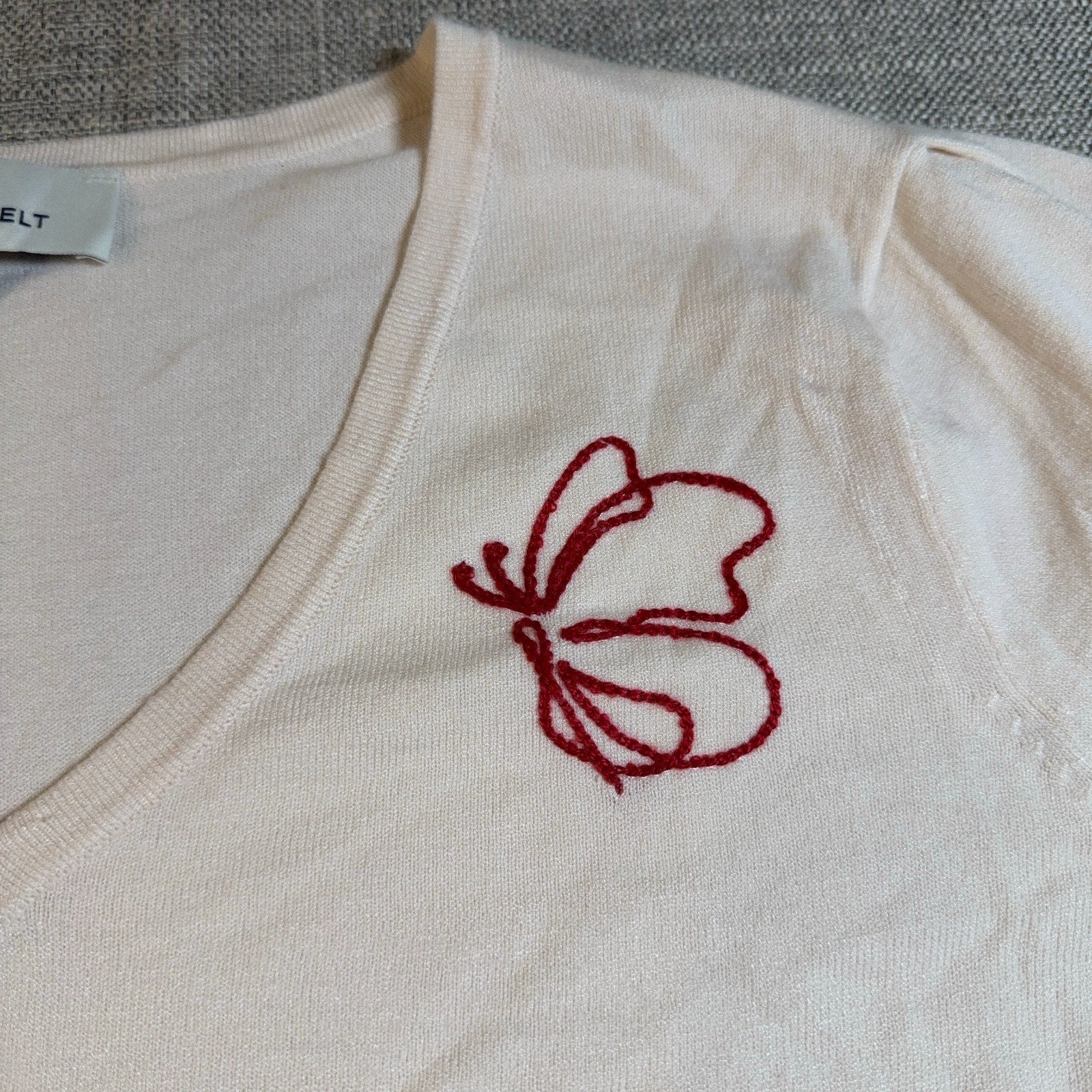 Laurie Felt Sweater Women L Ivory Butterfly Embroidered V Neck Lightweight Knit