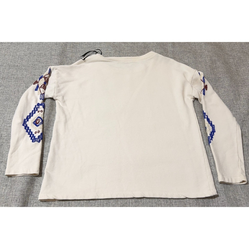 Forever 21 Women Small Cream Beaded Sleeve Crewneck Sweatshirt Boho Boxy
